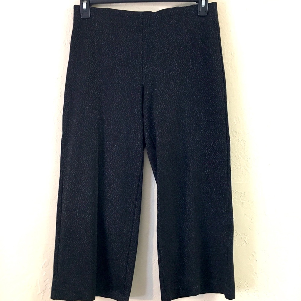 Loft Cropped Gaucho Pants Medium Black Metallic Gold Wide Leg Pull on Style